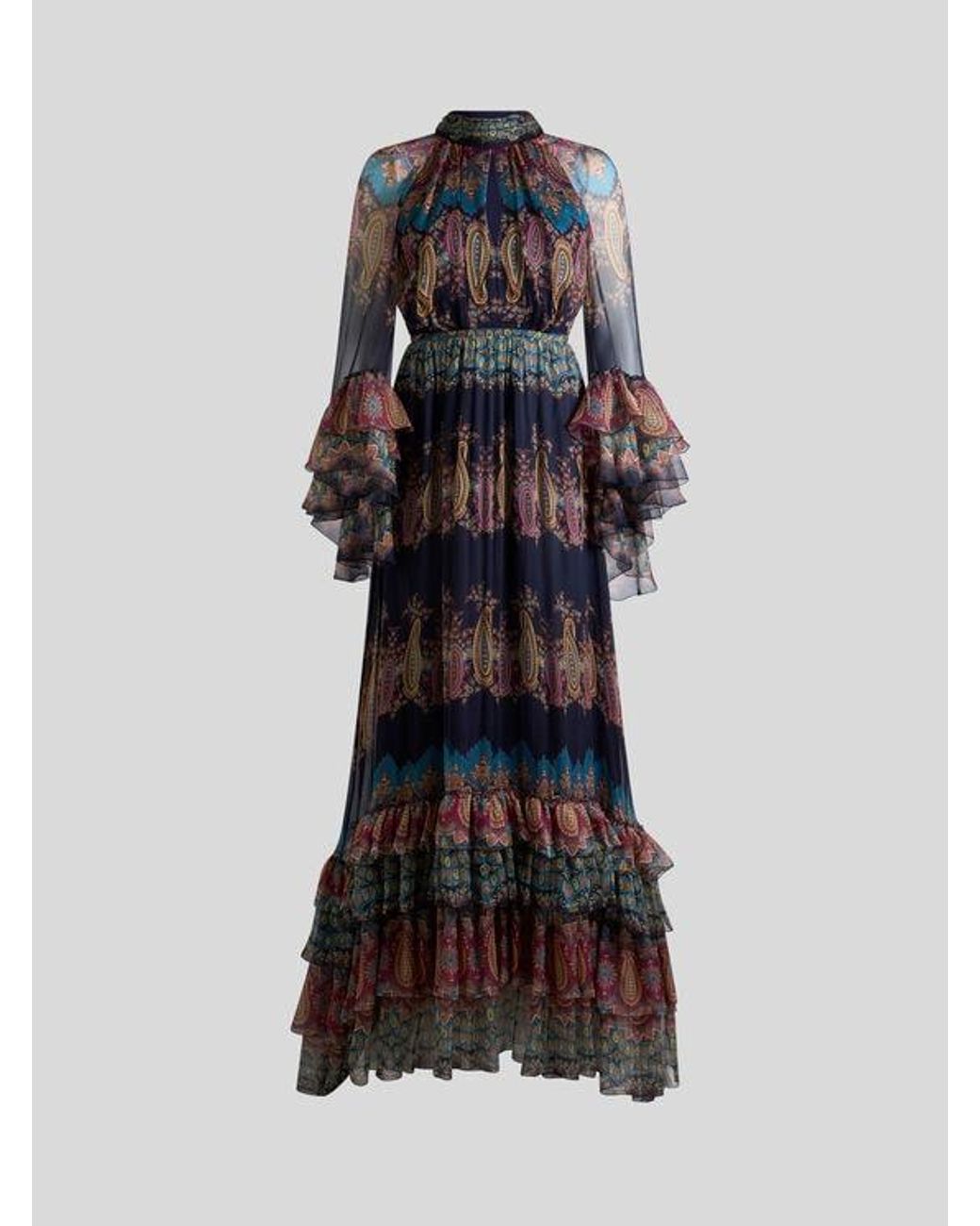 Etro Black Long Silk Dress With Placed Print