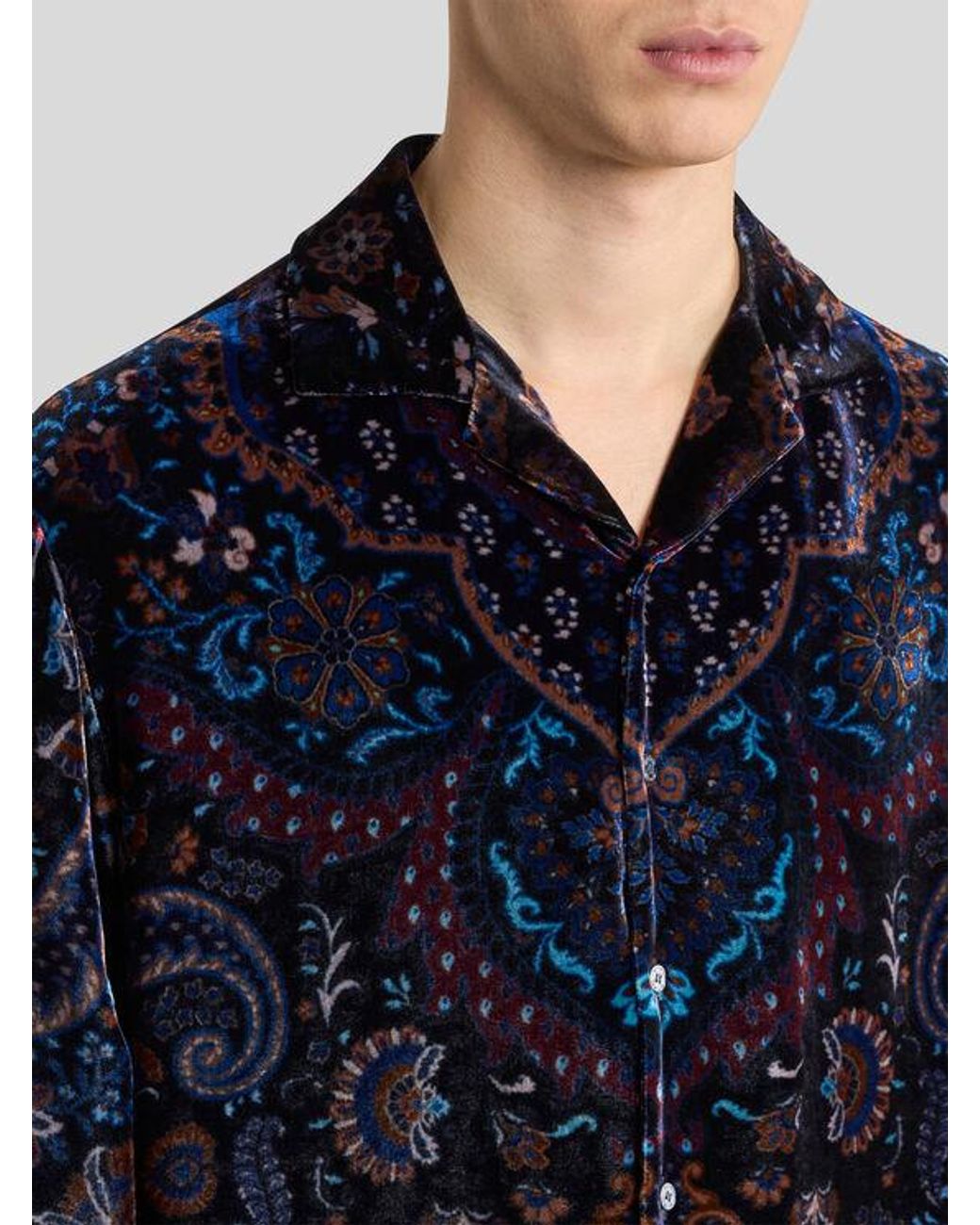 Etro Blue Silk Velvet Shirt With Placed Floral Medallion Print for men