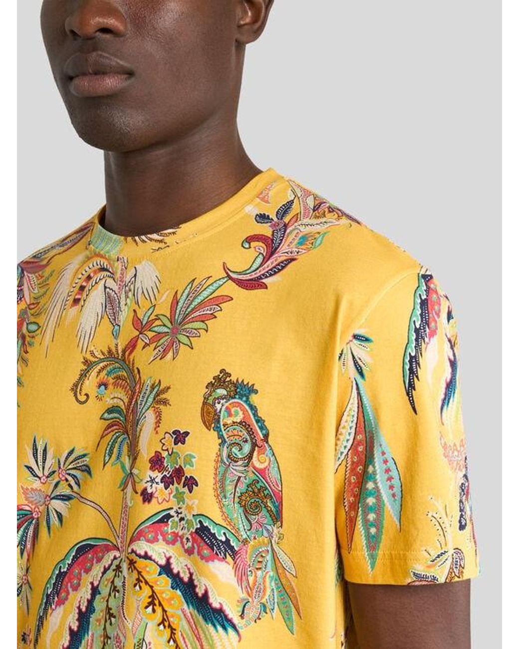 Etro Yellow Cotton Jersey T-Shirt With Parrot And Palm Tree Motif for men