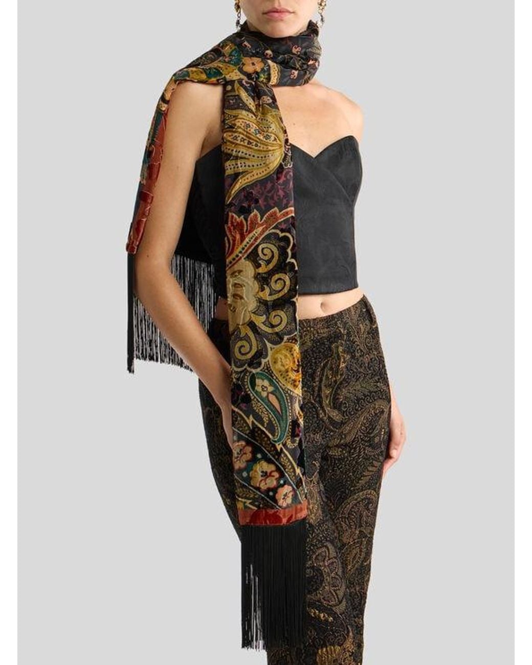 Etro Multicolor Silk-Blend Velvet Scarf With Floral Paisley Motif