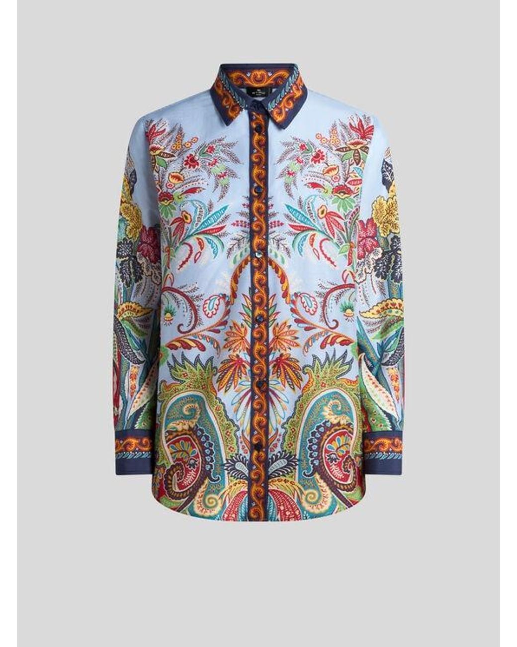 Etro Blue Cotton And Silk Shirt With Placed Paisley Foliage Print