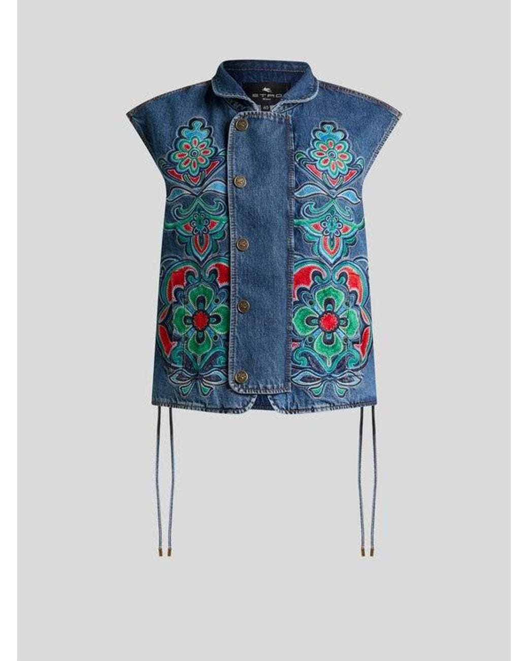 Etro Blue Denim Vest With Floral Motif
