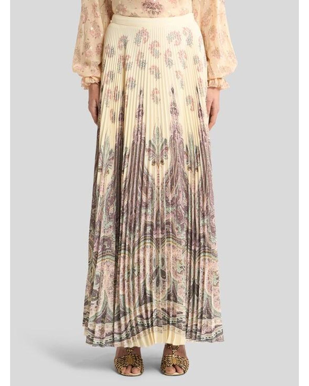 Etro Natural Pleated Maxi Skirt With Placed Print