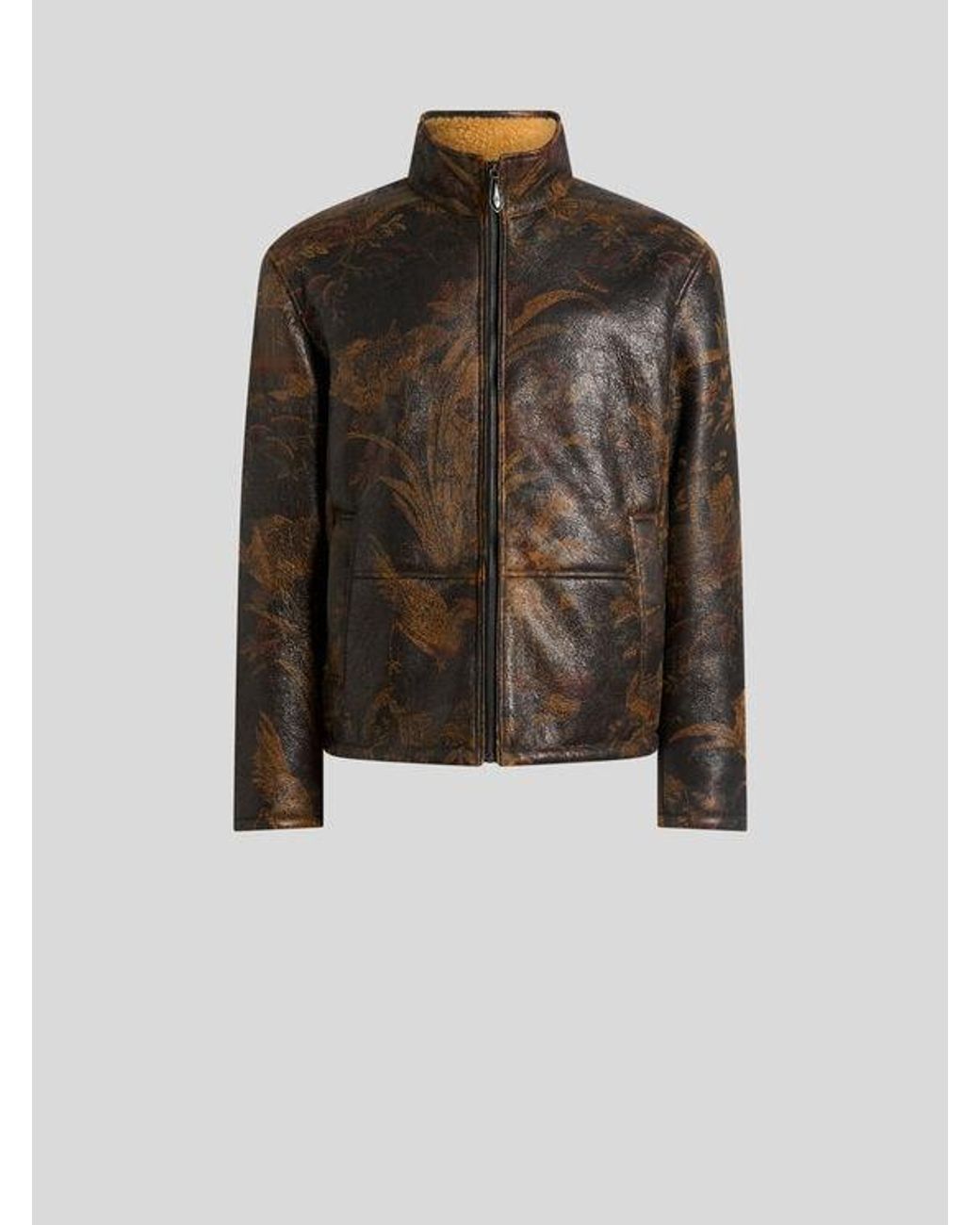 Etro Brown Leather Bomber Jacket With Shearling And Animal And Floral Print for men