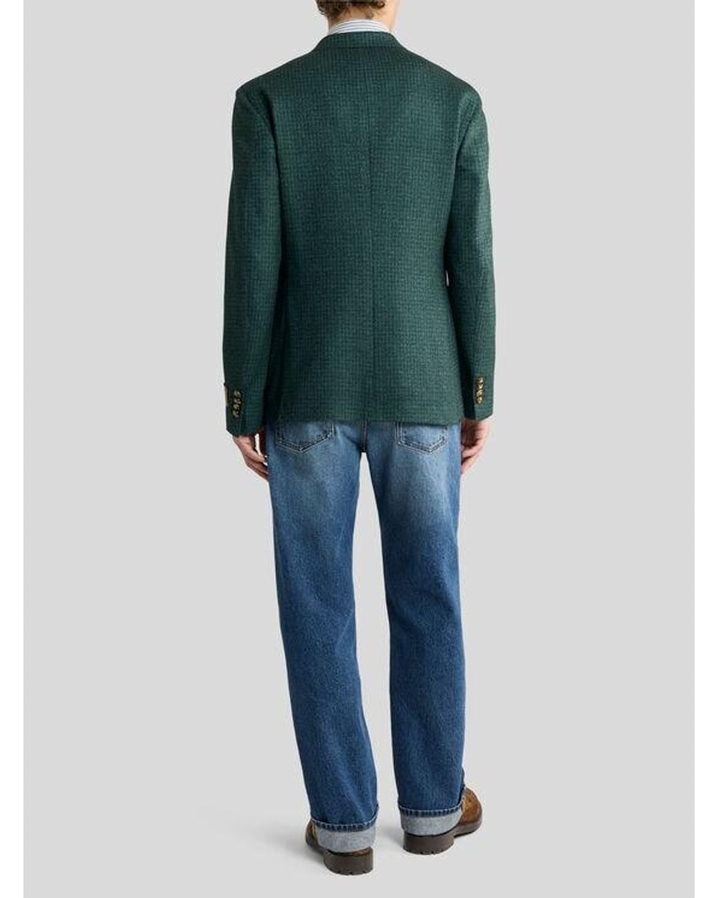 Etro Green Single-Breasted Silk And Cashmere Jersey Jacket With Houndstooth Motif for men