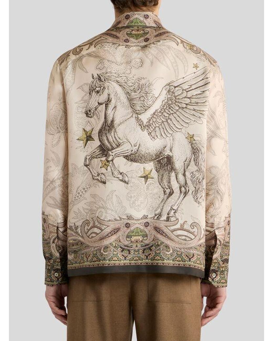 Etro Natural Silk Twill Shirt With Placed Pegaso Print for men