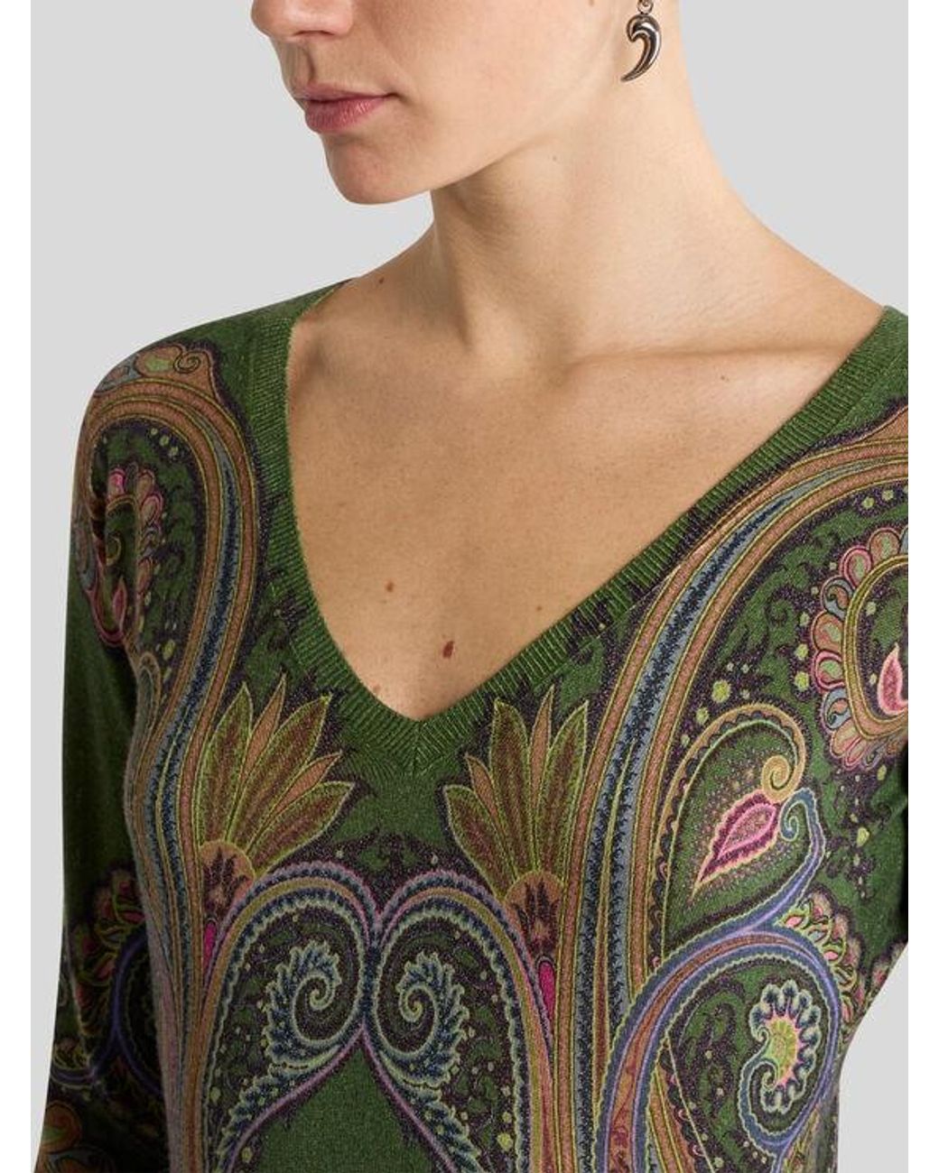 Etro Green Silk And Cashmere Sweater With V-Neck And Placed Paisley Print