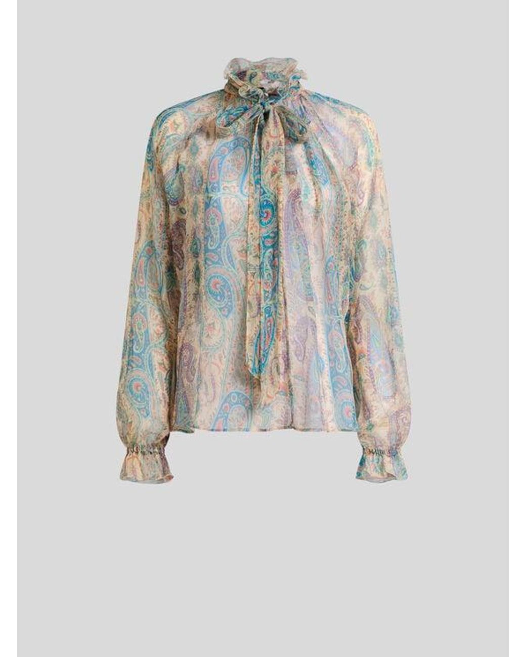 Etro Blue Silk Crepon Blouse With Silk Scarf And Paisley Foliage Motif
