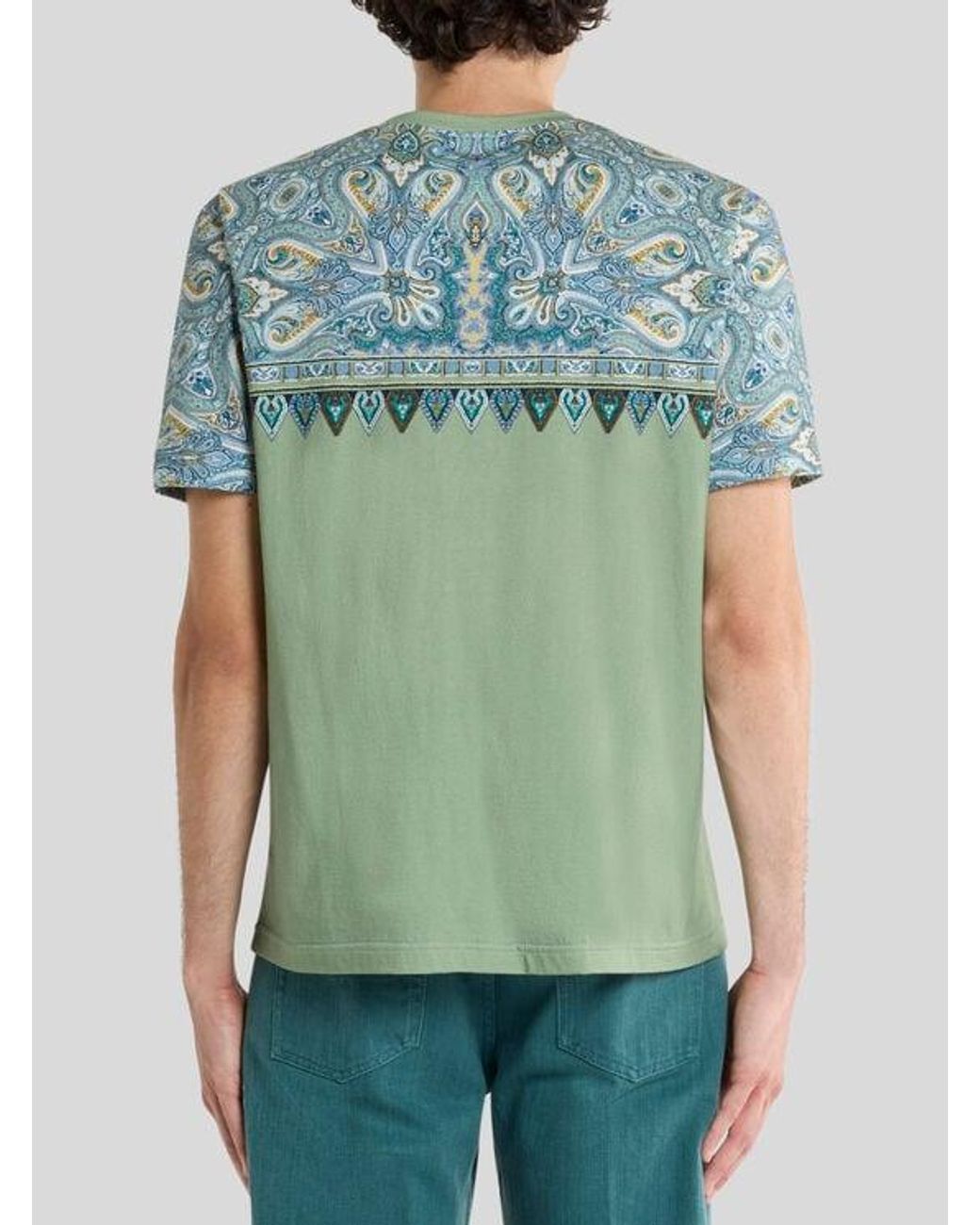 Etro Green Cotton T-Shirt With Placed Pocket-Square Paisley Print for men
