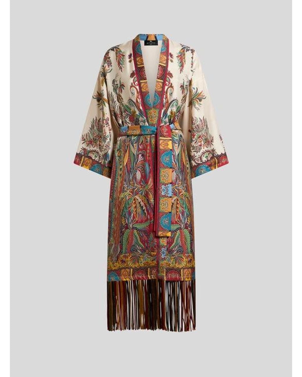 Etro White Silk Duster With Fringing And Placed Paisley Foliage Print