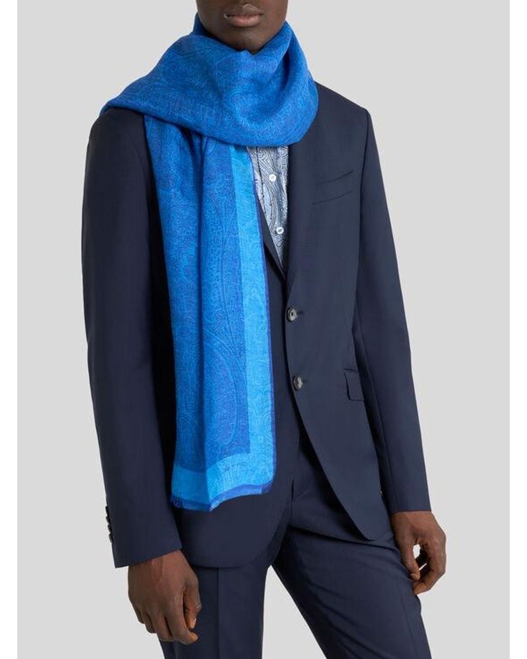 Etro Blue Linen-Blend Scarf With Paisley Motif for men