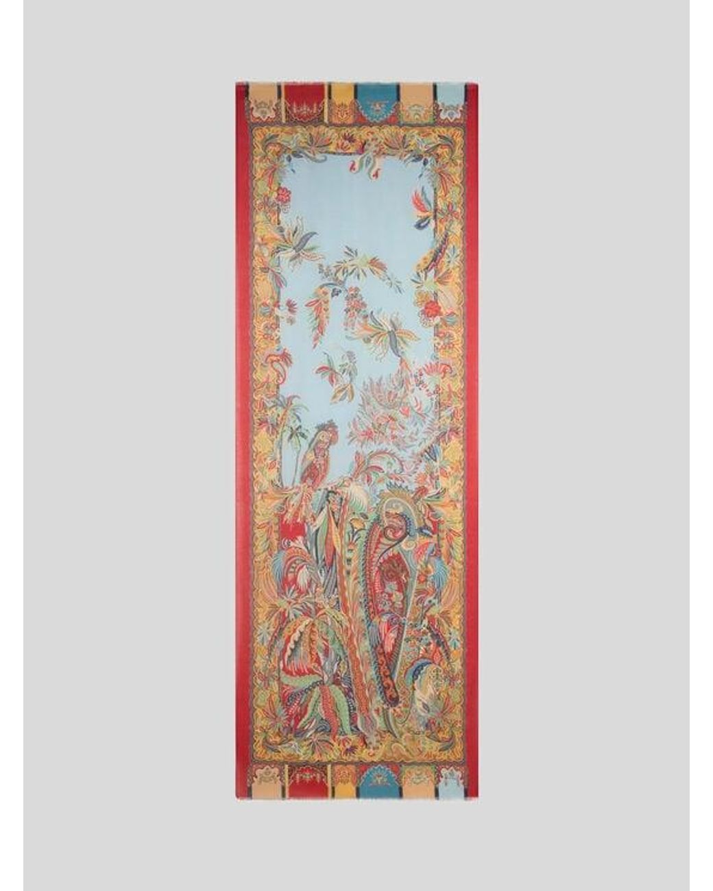 Etro Blue Modal And Cashmere Scarf With Placed Parrot Print And Paisleys for men
