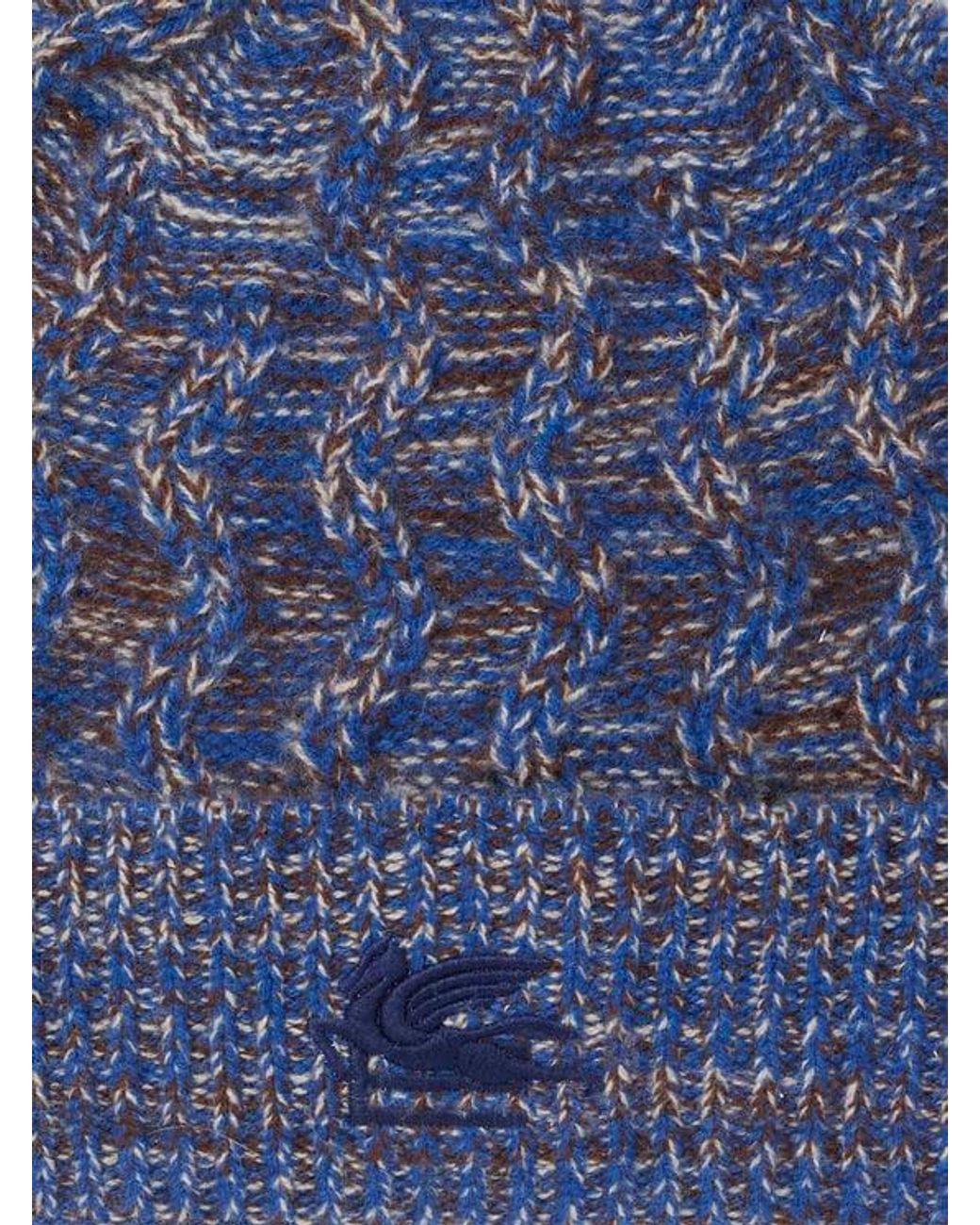Etro Blue Cashmere Beanie With Cable Detail And Pegaso Embroidery for men