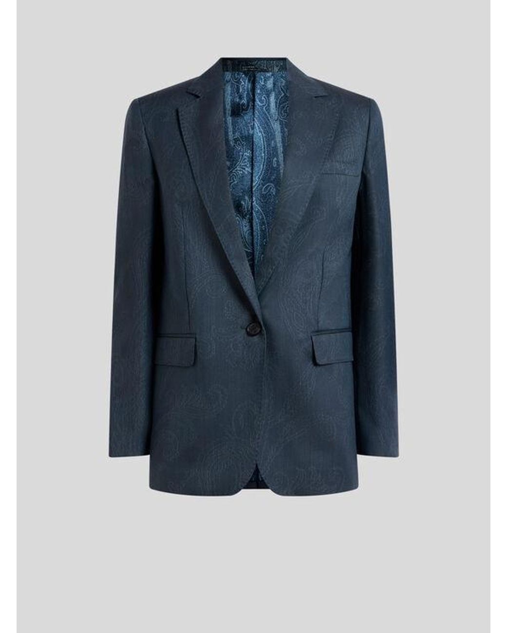 Etro Blue Wool Jacquard Single-Breasted Jacket With Paisley Motif