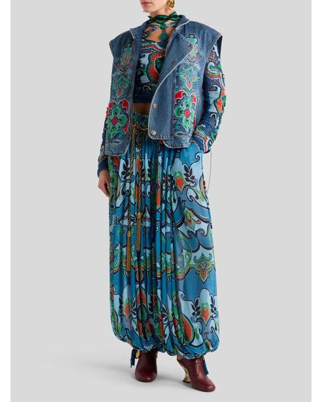Etro Blue Denim Vest With Floral Motif