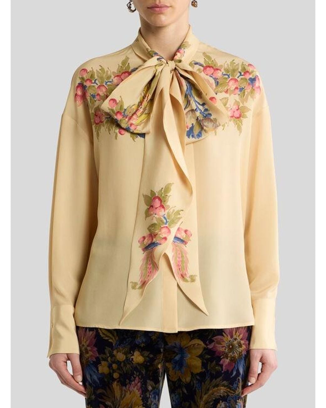 Etro Natural Silk Shirt With Silk Scarf And Placed Floral Print