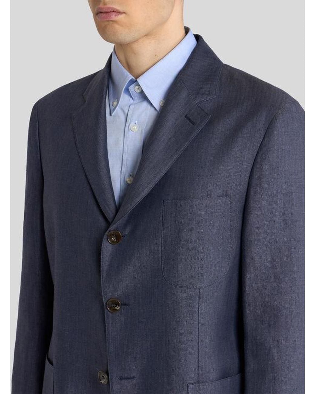 Etro Blue Single-Breasted Linen Jacket With Chevron Motif for men