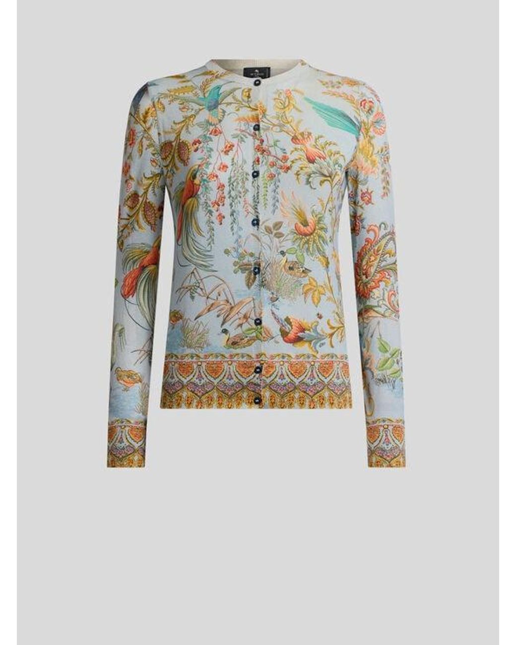 Etro Blue Silk And Cashmere Cardigan With Flora And Fauna Motif