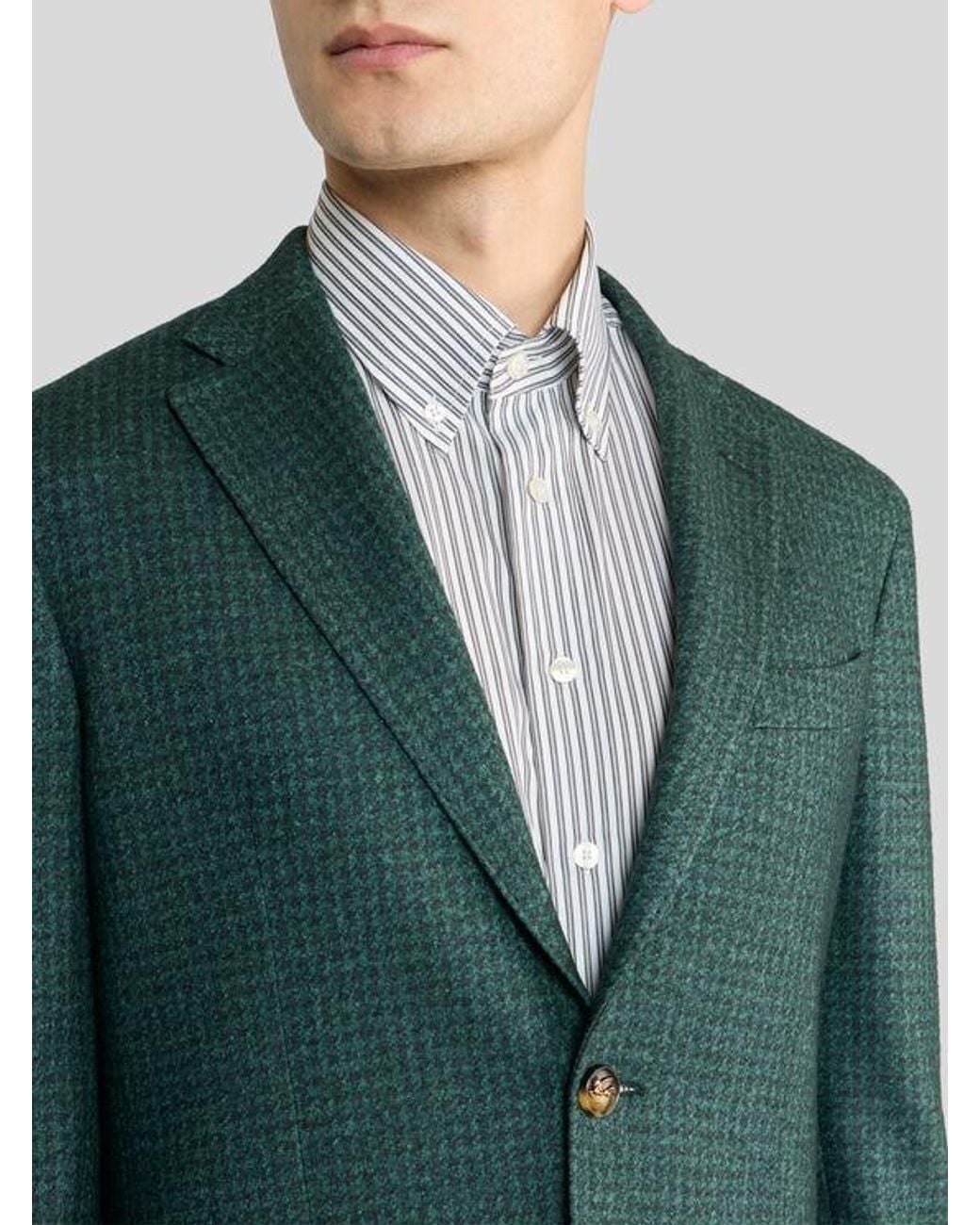 Etro Green Single-Breasted Silk And Cashmere Jersey Jacket With Houndstooth Motif for men