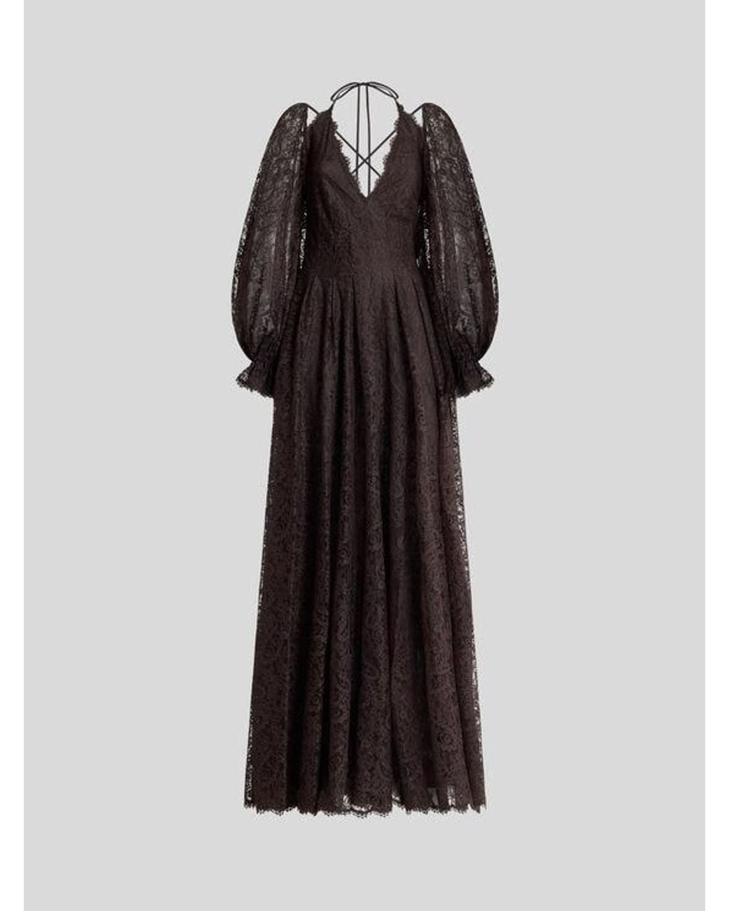 Etro Black Long Lace Dress With Paisley Motif