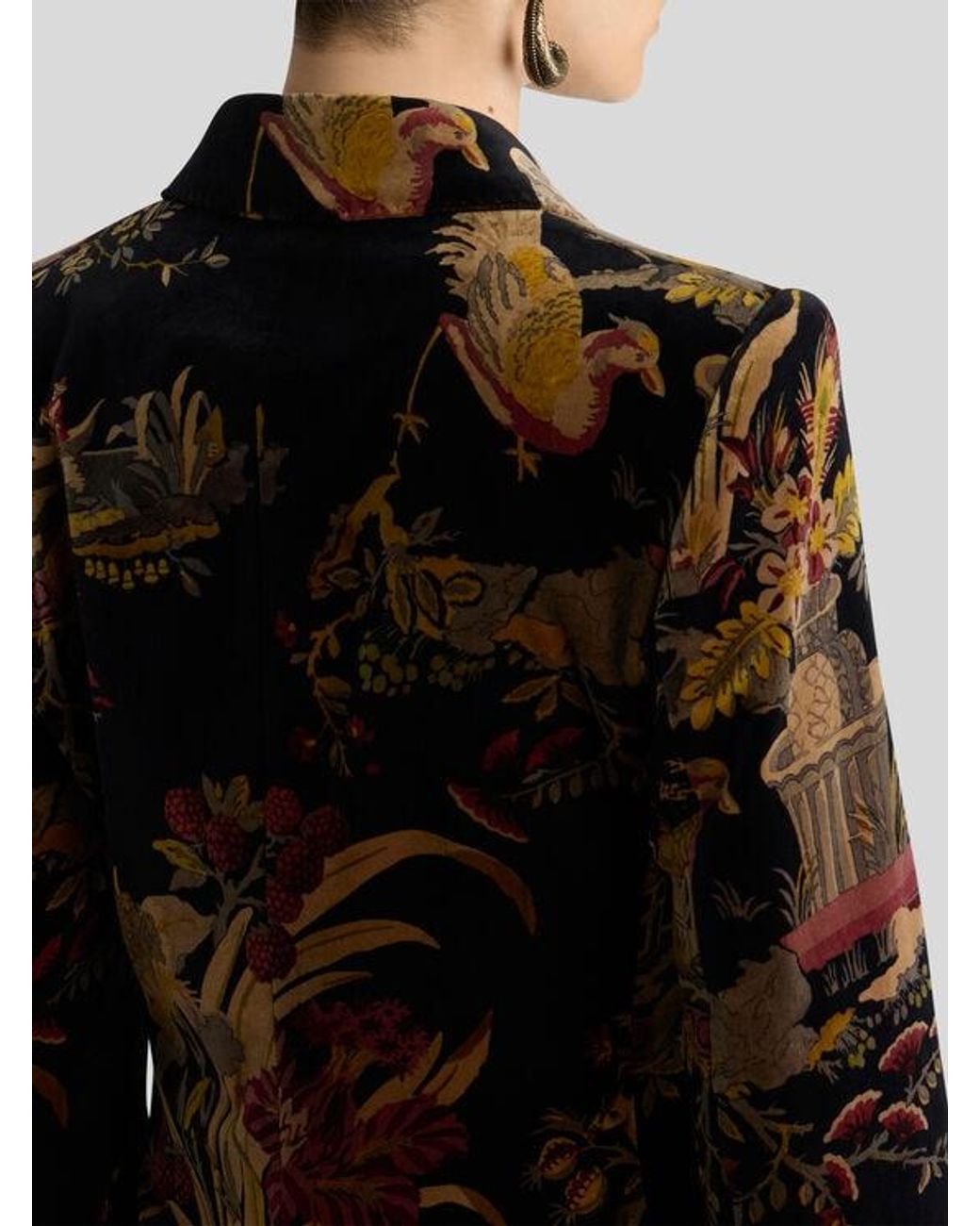 Etro Black Double-Breasted Cotton Velvet Jacket With Flower And Animal Overprint