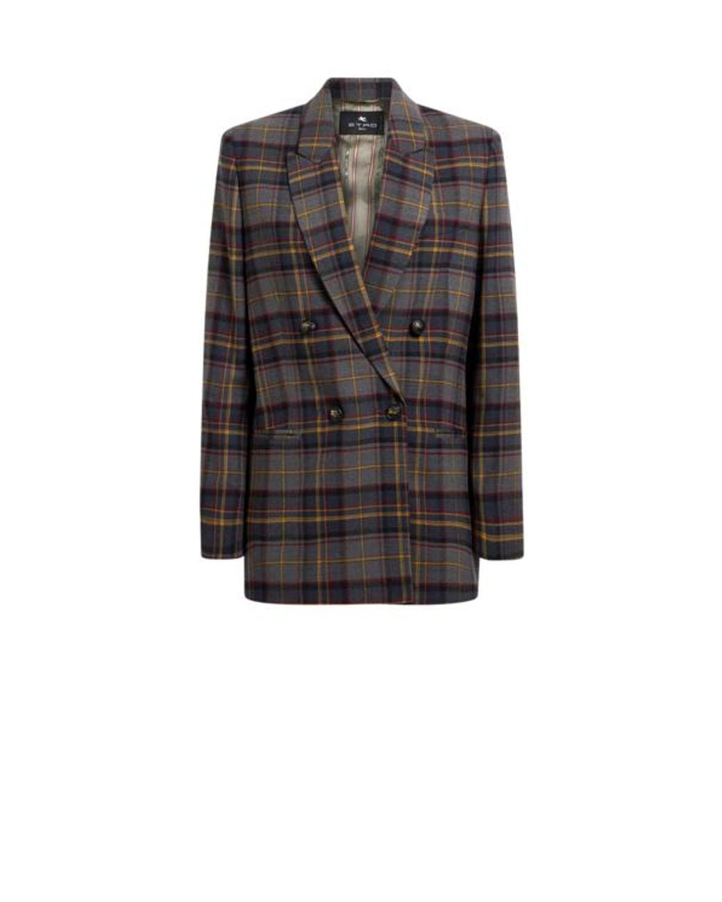 Etro Black Double-Breasted Stretch Wool Jacket With Check Motif