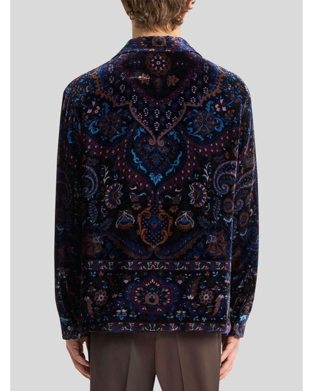 Etro Blue Silk Velvet Shirt With Placed Floral Medallion Print for men