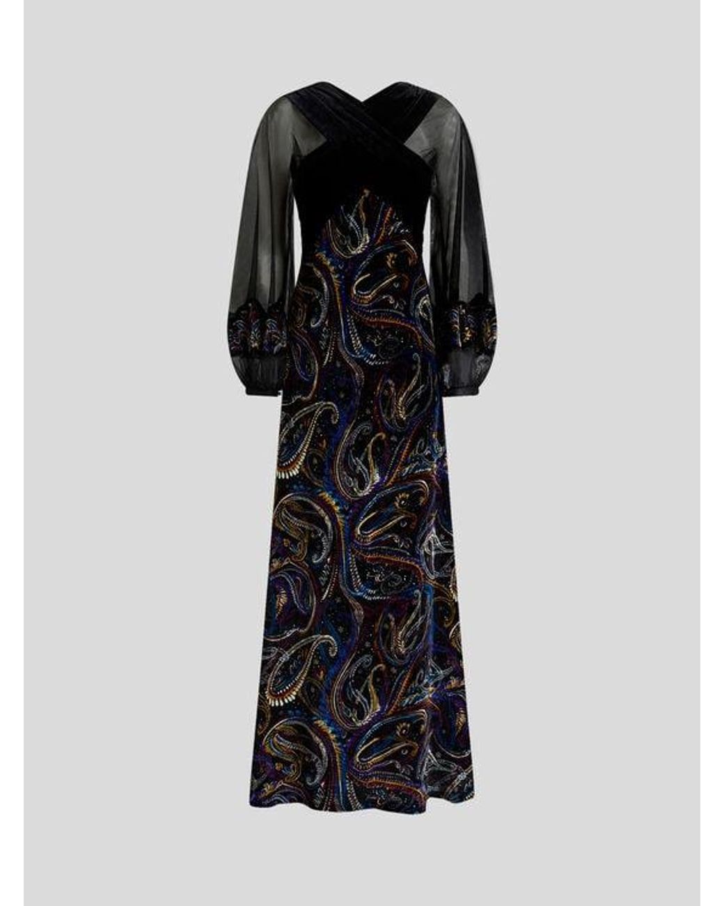 Etro Black Long Velvet Dress With Paisley Foliage Motif