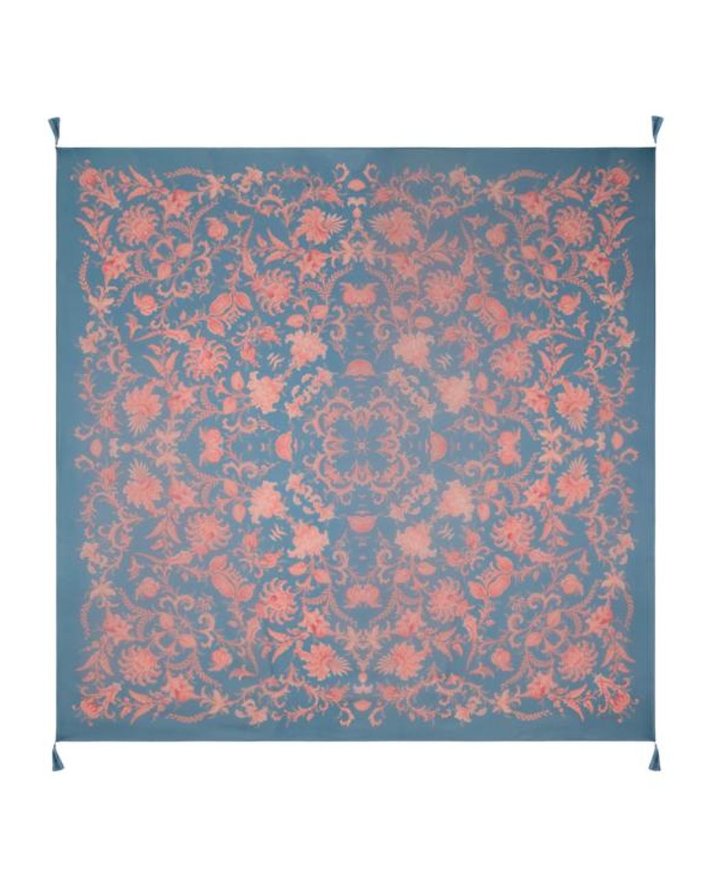 Etro Blue Silk Shawl With Floral Motif And Tassels