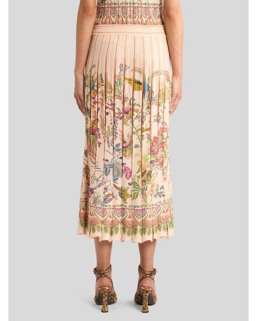 Etro White Pleated Cotton-Blend Midi Skirt With Placed Flora And Fauna Print