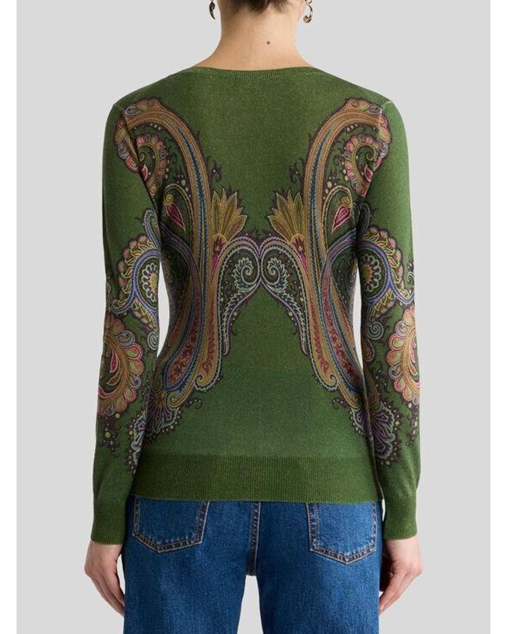Etro Green Silk And Cashmere Sweater With V-Neck And Placed Paisley Print