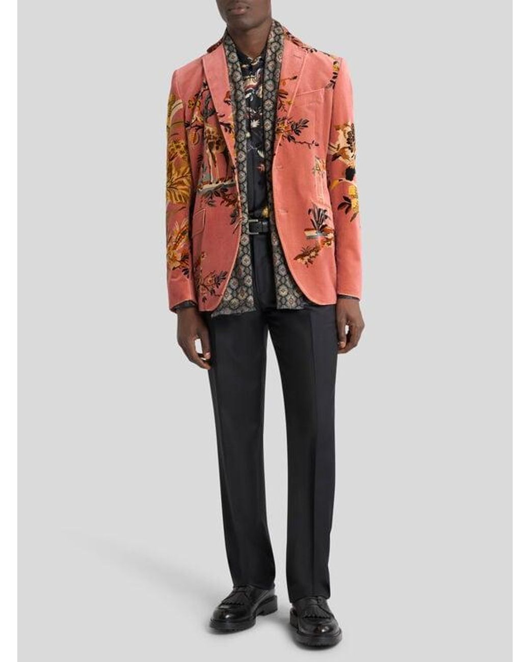 Etro Brown Single-Breasted Cotton Velvet Jacket With Placed Flower And Animal Print for men