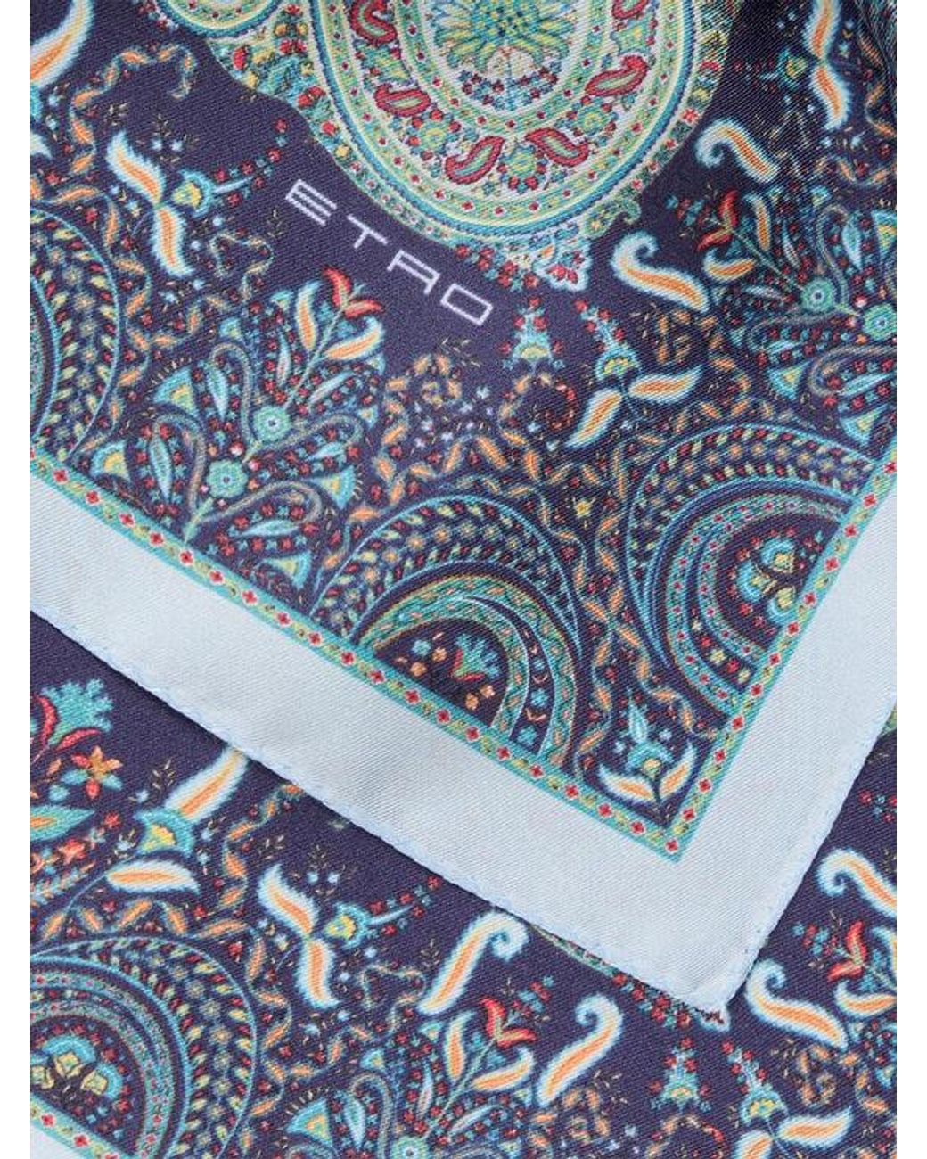 Etro Blue Silk Pocket Square With Macro Paisleys for men