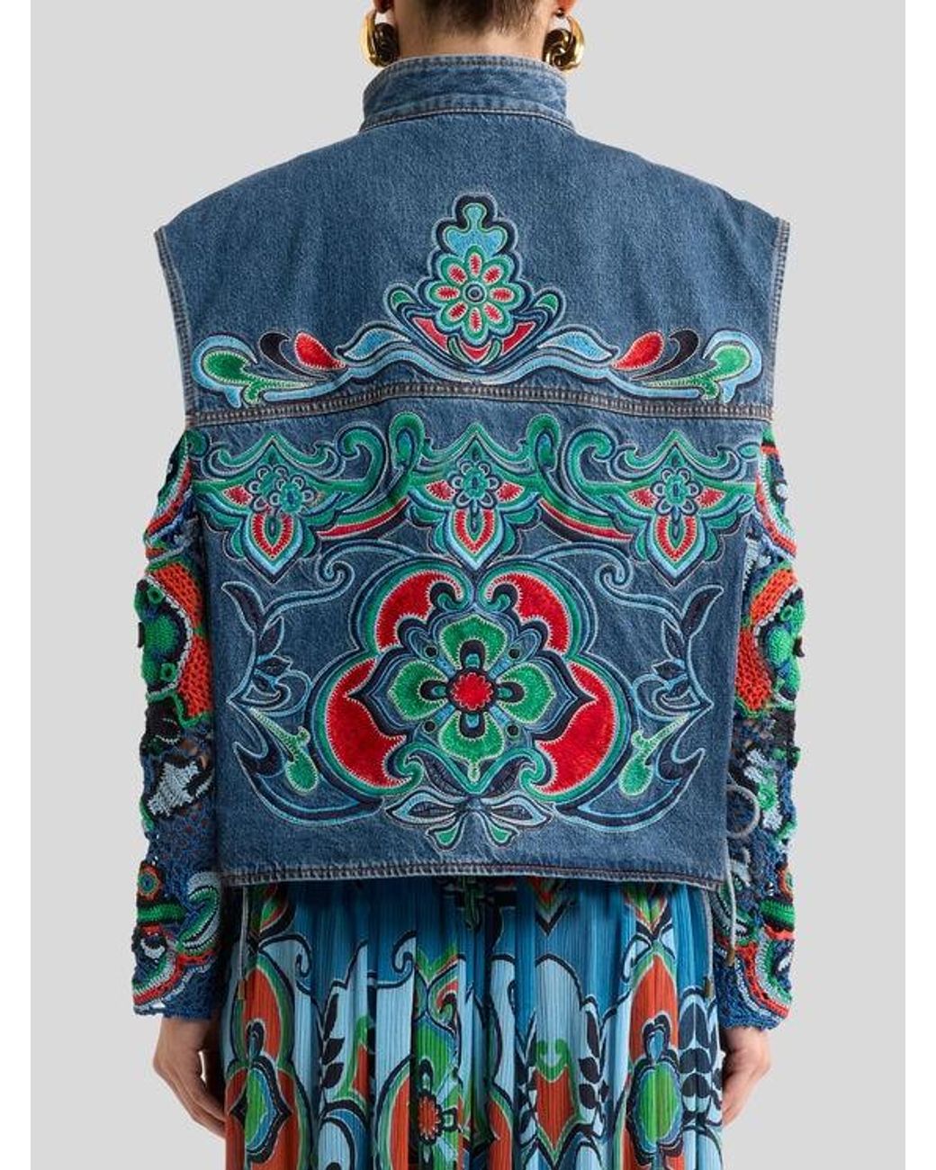 Etro Blue Denim Vest With Floral Motif