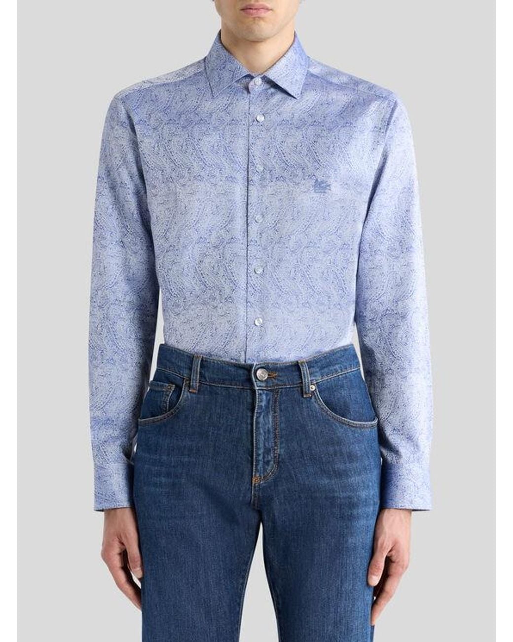 Etro Blue Cotton Jacquard Shirt With Paisley Motif And Pegaso Embroidery for men