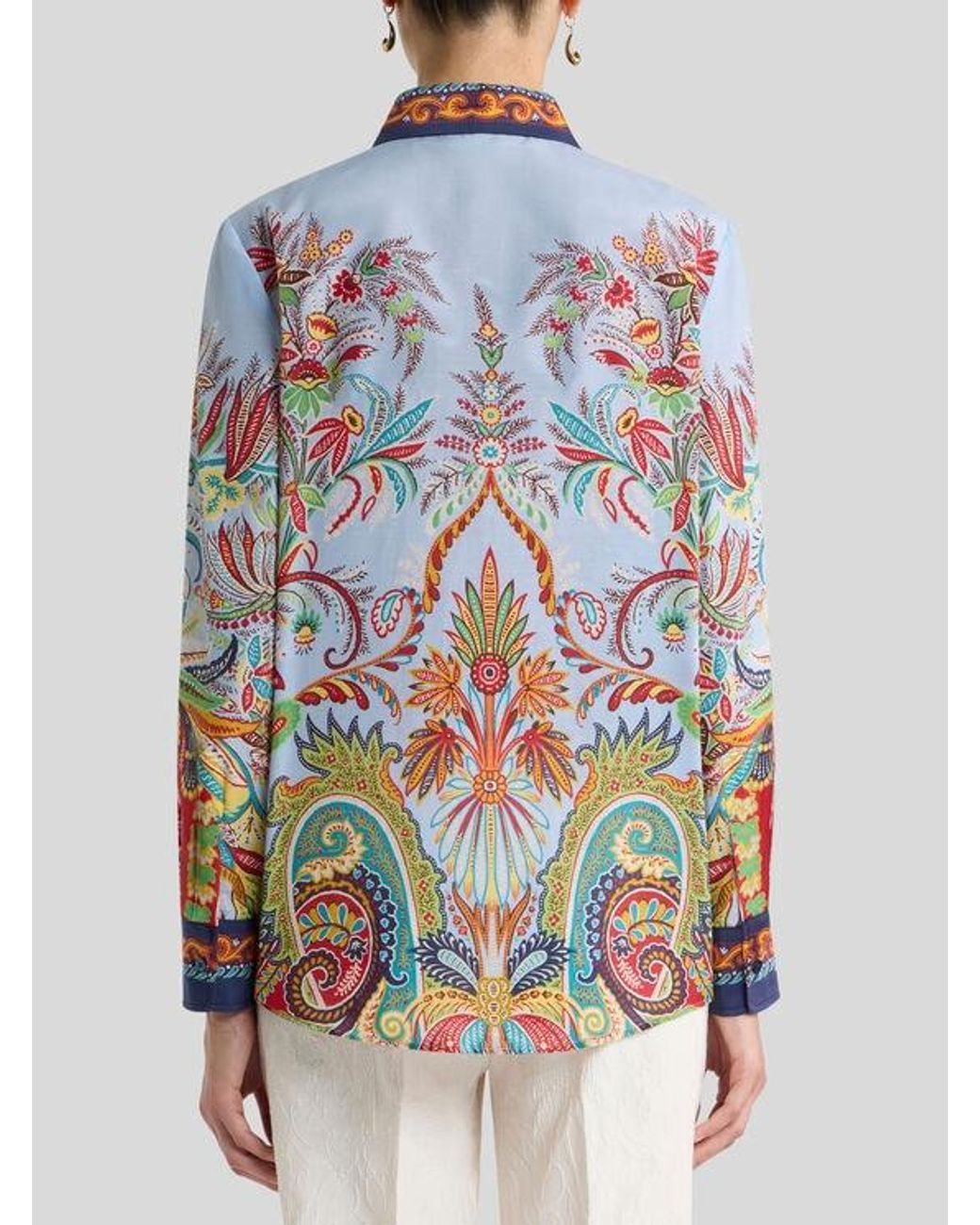 Etro Blue Cotton And Silk Shirt With Placed Paisley Foliage Print