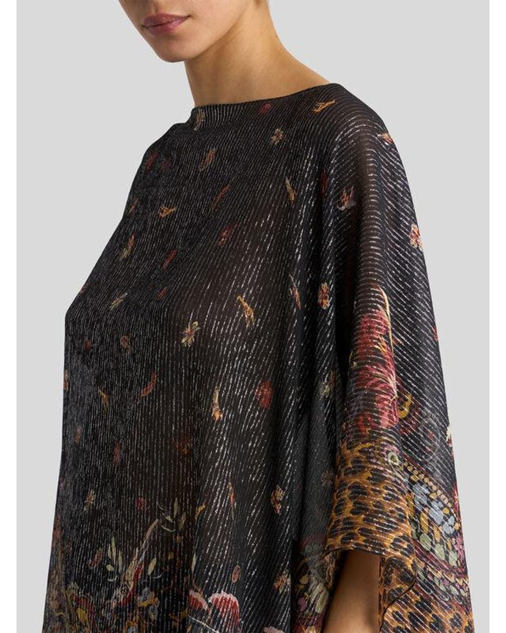 Etro Black Silk Poncho Top With Striped Animal And Floral Paisley Motif