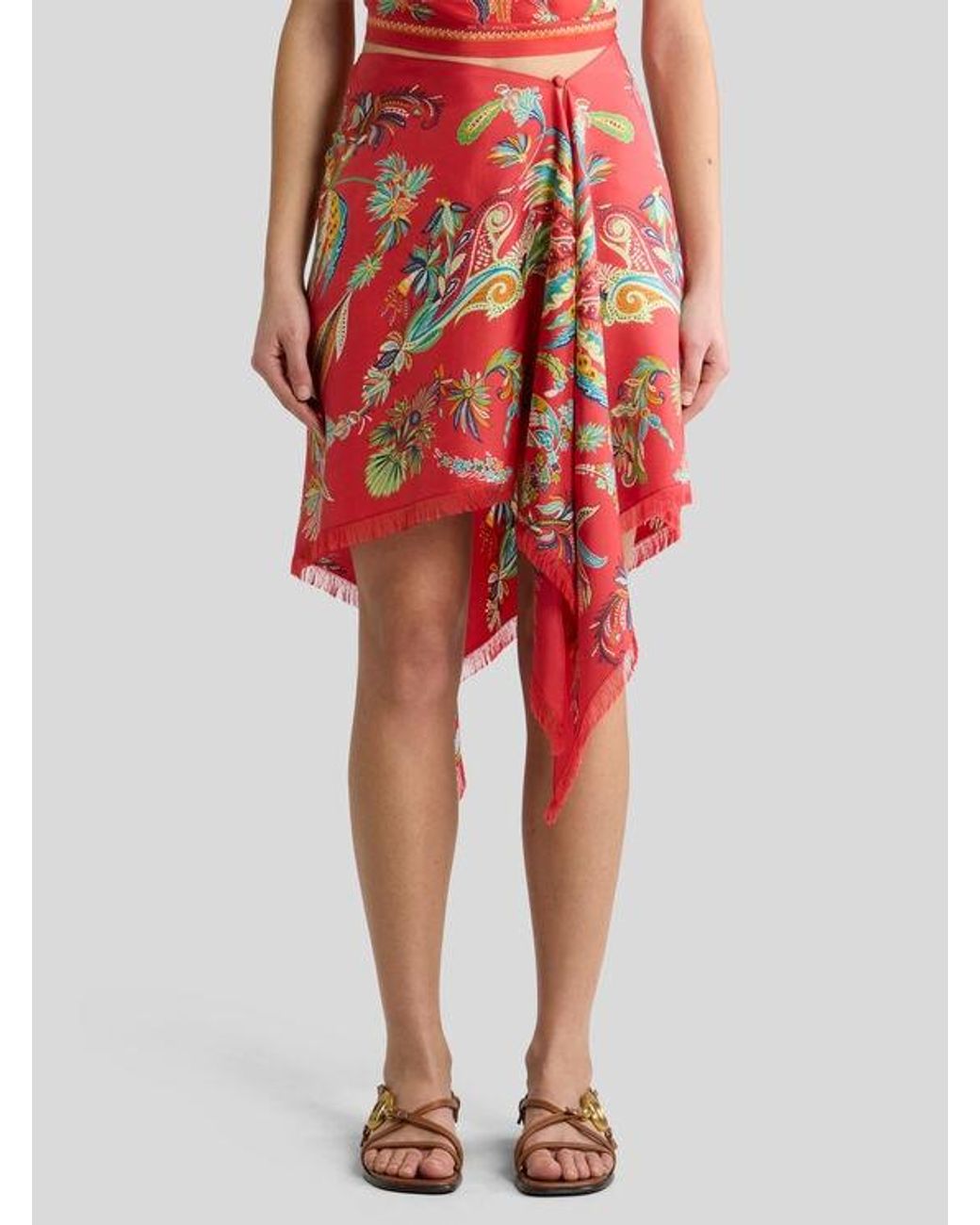 Etro Red Silk Cover-Up Pareo With Paisley Foliage Motif
