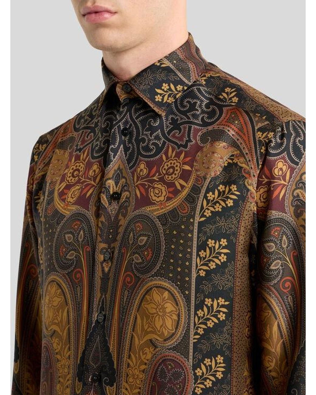 Etro Brown Silk Twill Shirt With Placed Paisley Print for men