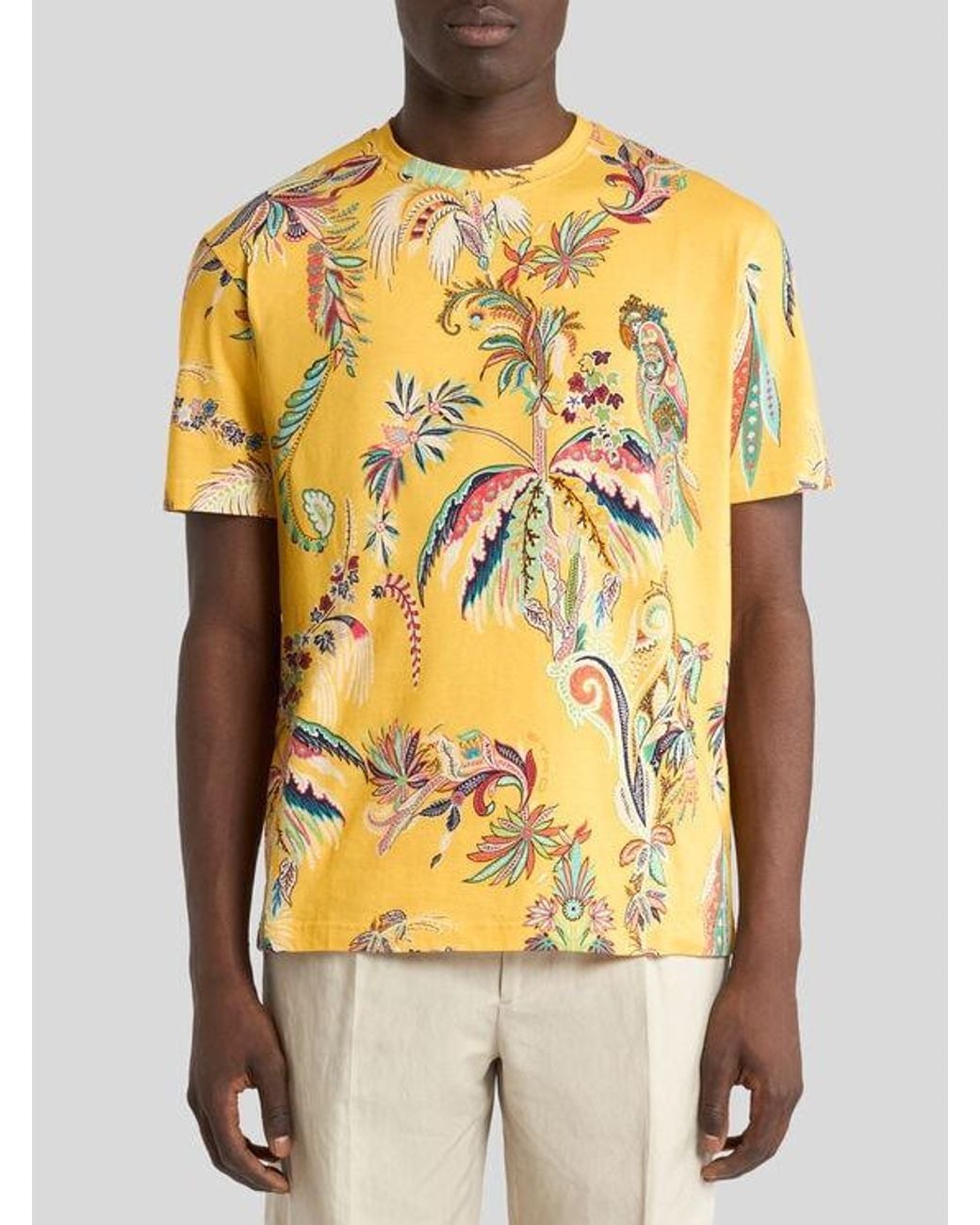 Etro Yellow Cotton Jersey T-Shirt With Parrot And Palm Tree Motif for men