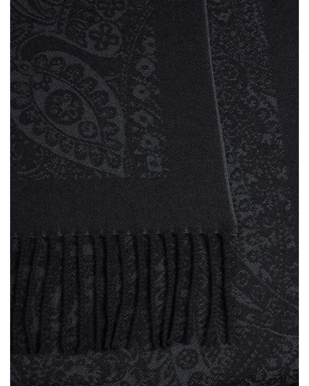 Etro Black Wool Jacquard Scarf With Floral Paisley Motif