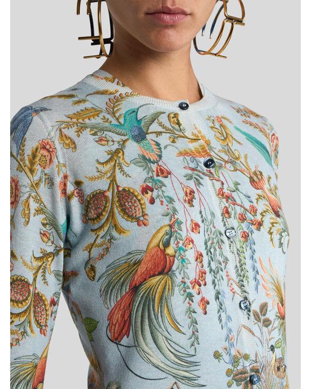 Etro Blue Silk And Cashmere Cardigan With Flora And Fauna Motif