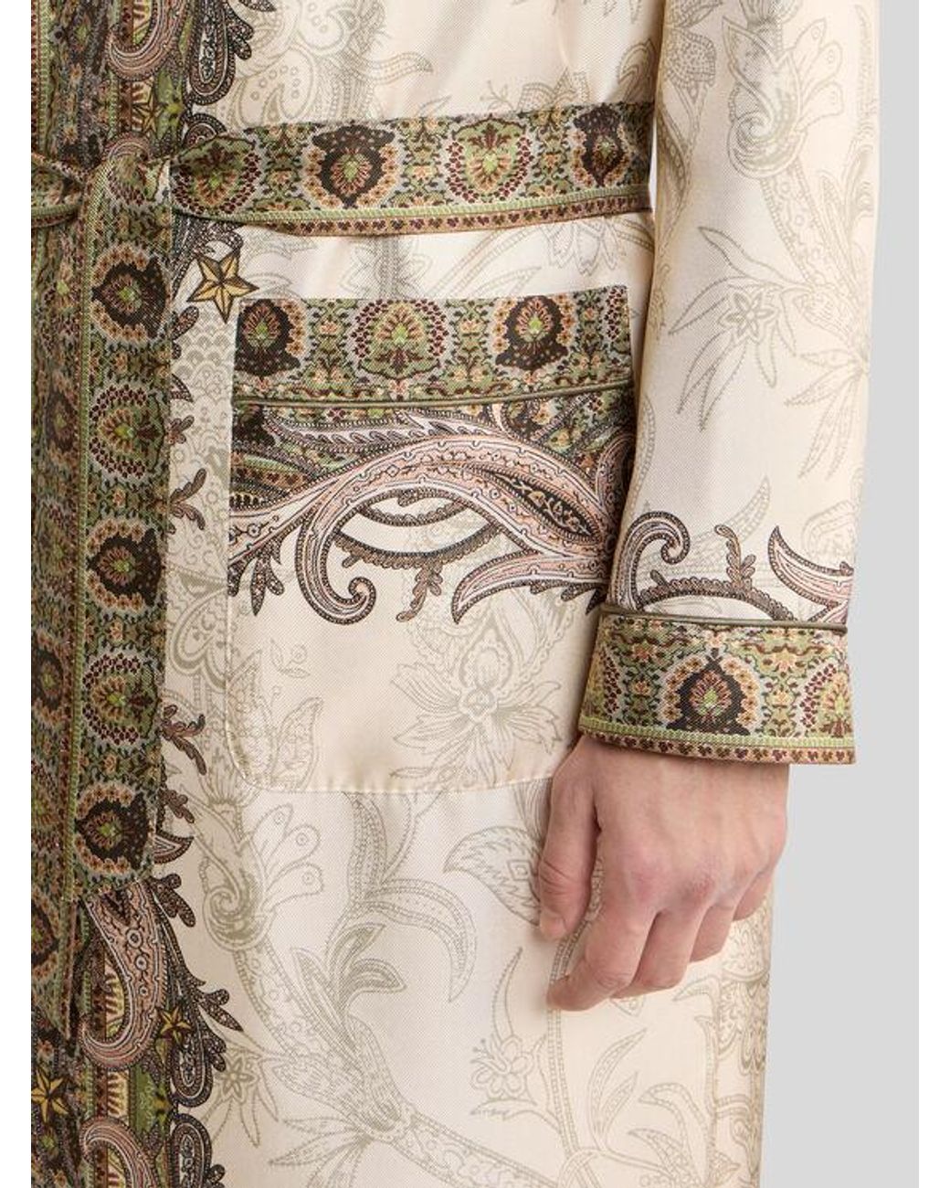 Etro Natural Silk Twill Robe Coat With Placed Pegaso Print And Paisley for men