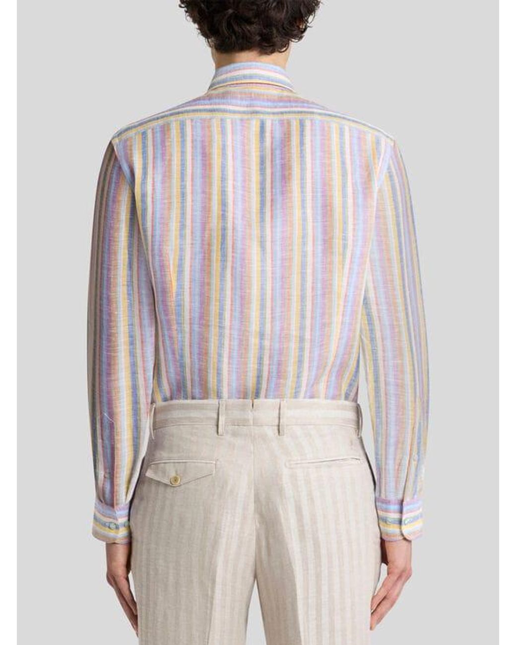Etro Pink Multicoloured Striped Linen Shirt for men