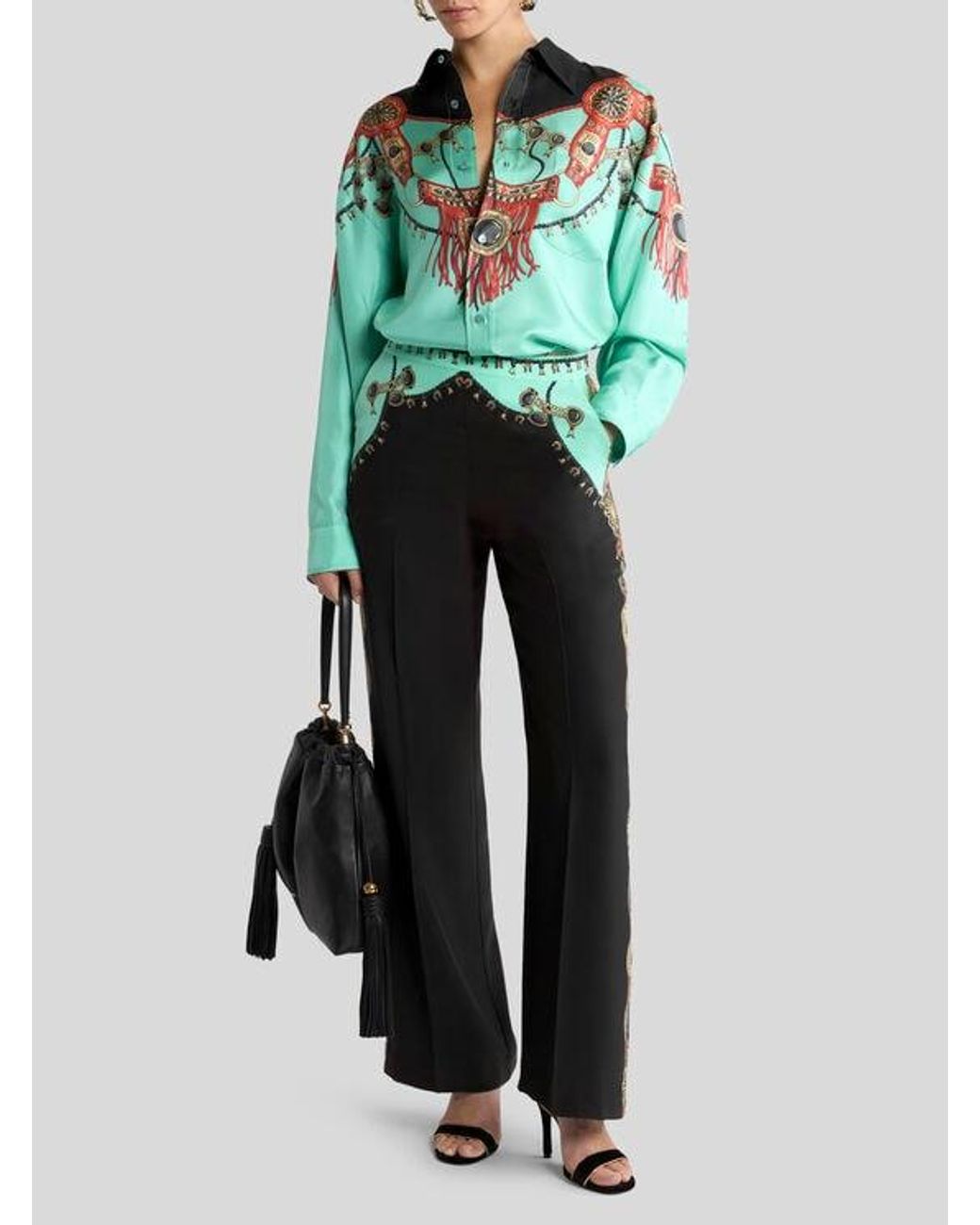 Etro Black Straight-Leg Silk Trousers With Placed Jewellery Print