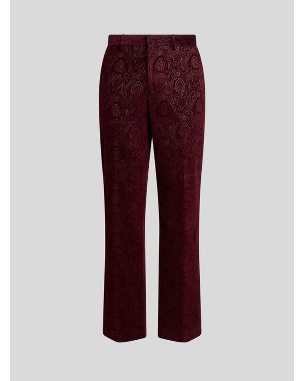 Etro Red Straight-Leg Cotton Velvet Trousers With Arnica Motif for men
