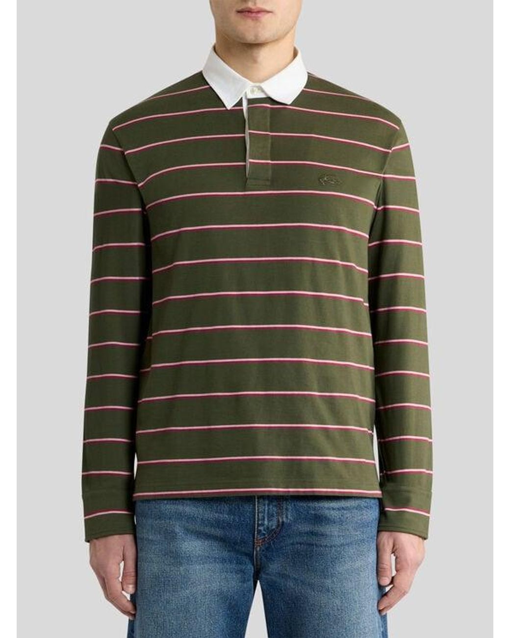 Etro Green Long-Sleeved Cotton Polo Shirt With Shirt Collar And Striped Motif for men