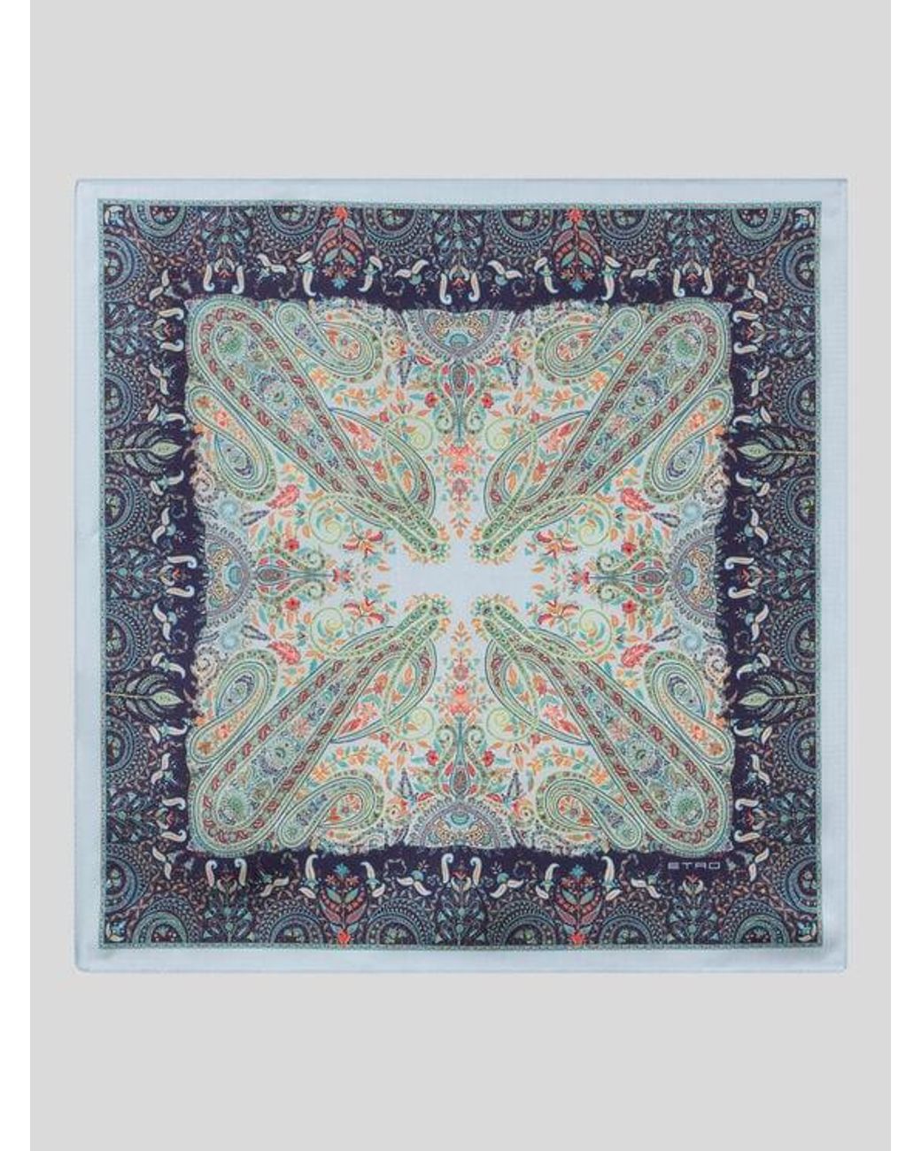 Etro Blue Silk Pocket Square With Macro Paisleys for men