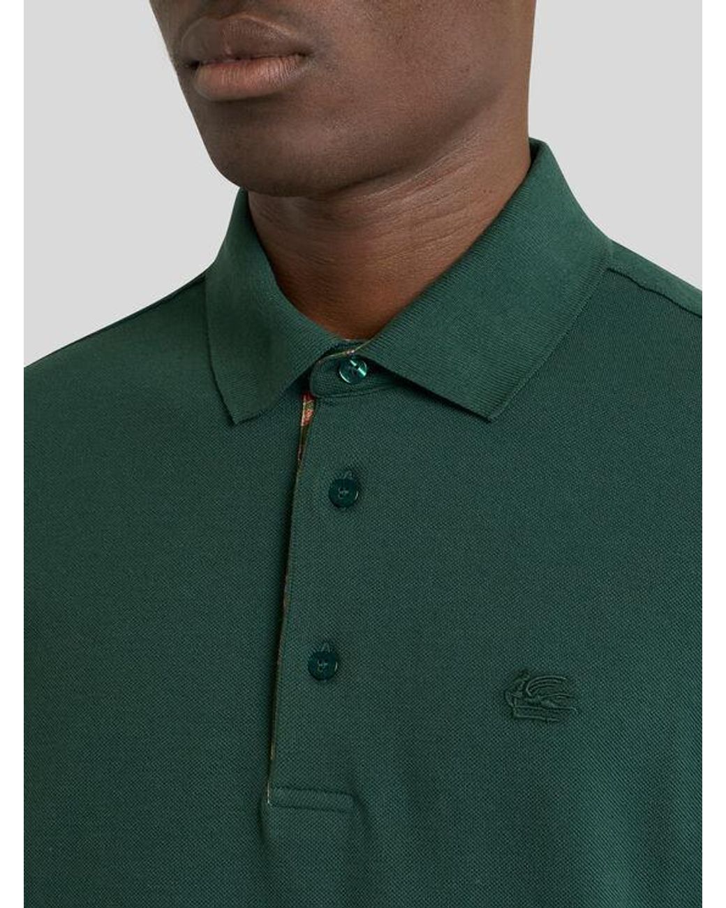 Etro Green Plain-Coloured Cotton Polo Shirt With Printed Details for men