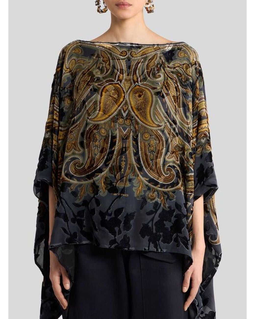 Etro Black Burnout Velvet Poncho Top With Placed Paisley Print